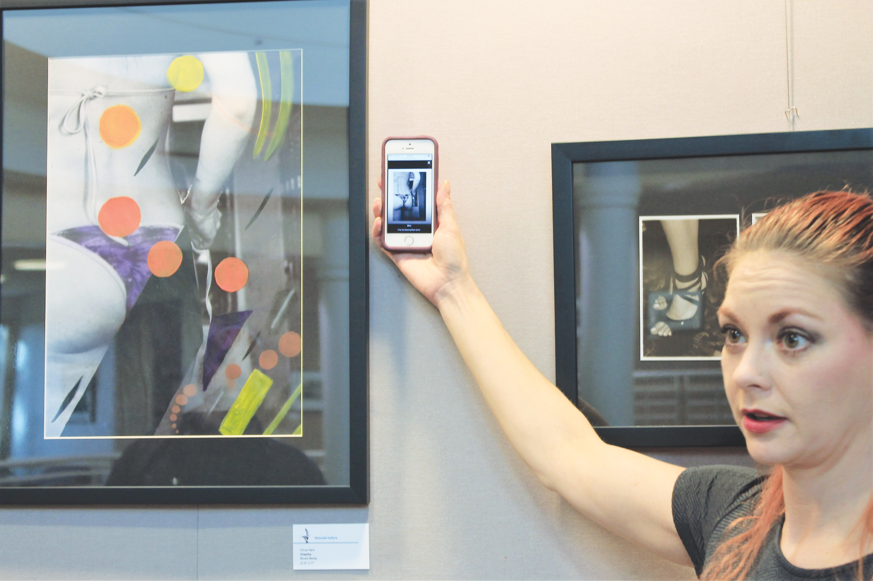 Olivia Haro, is a working artist and teacher for the community learning department at COCC. Haro contrasts an original image of an exotic dancer on her phone with her acrylic and pastel augmented work, titled "Shapley."