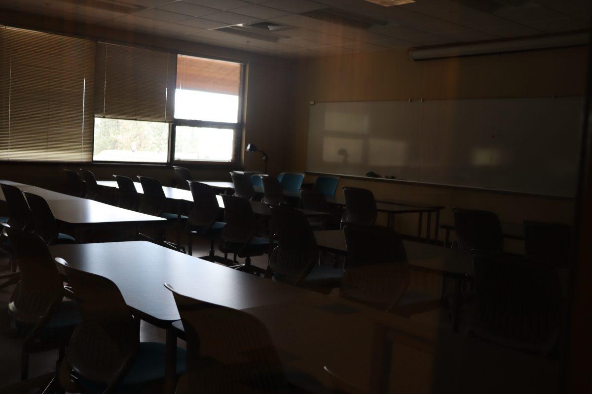 Mazama Hall classroom empty due to college closure on Thursday, April 16. Photo by Kayla Scott.