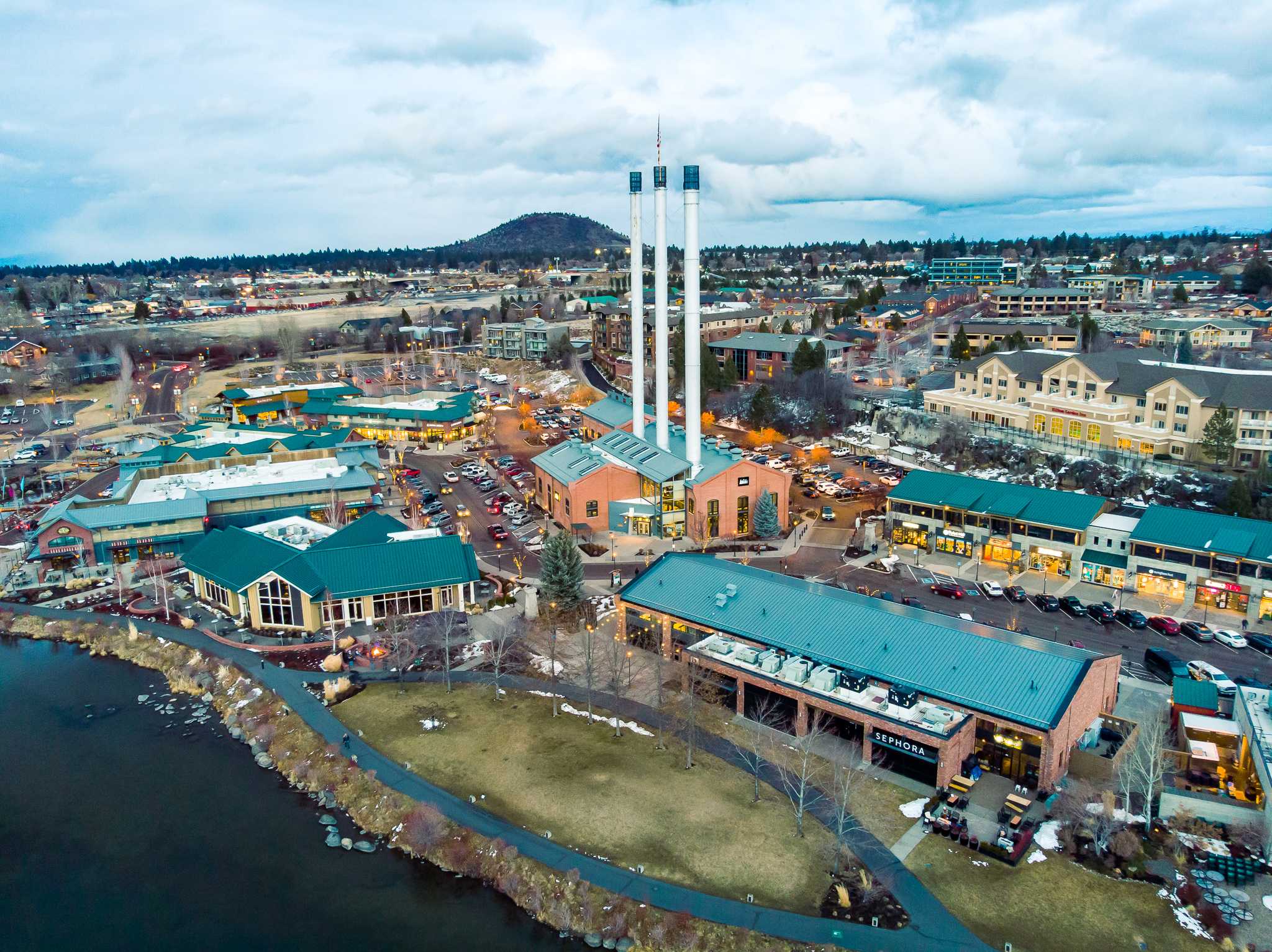 An aerial view of the Old Mill in Bend, Oregon - Photo Gallery