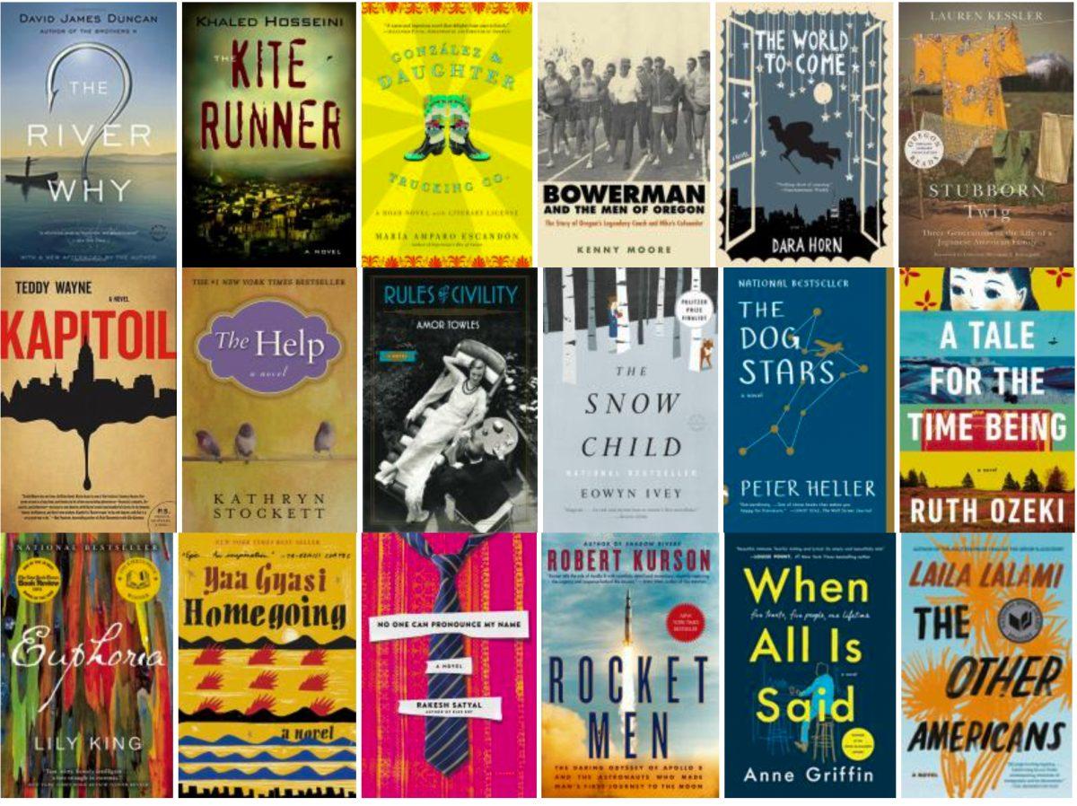 All 18 books that the Library picked for the A Novel Idea events past to present. Graphics by Deschutes Public Library. 