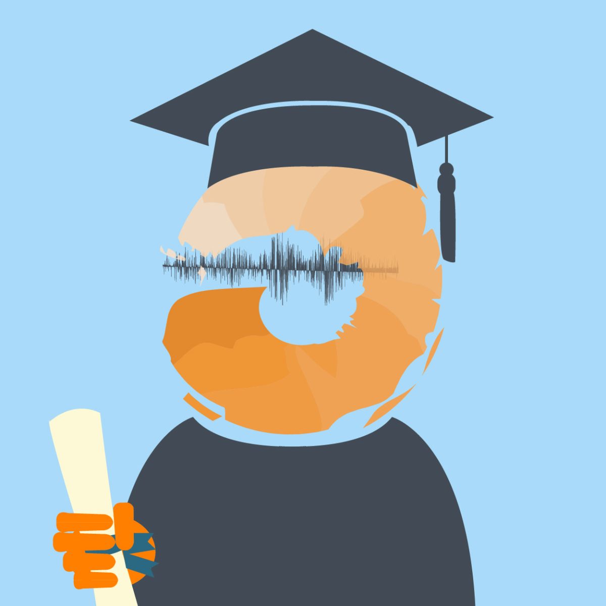 illustration of a COCC playlist icon wearing a graduation cap and gown, holding a diploma or certificate.