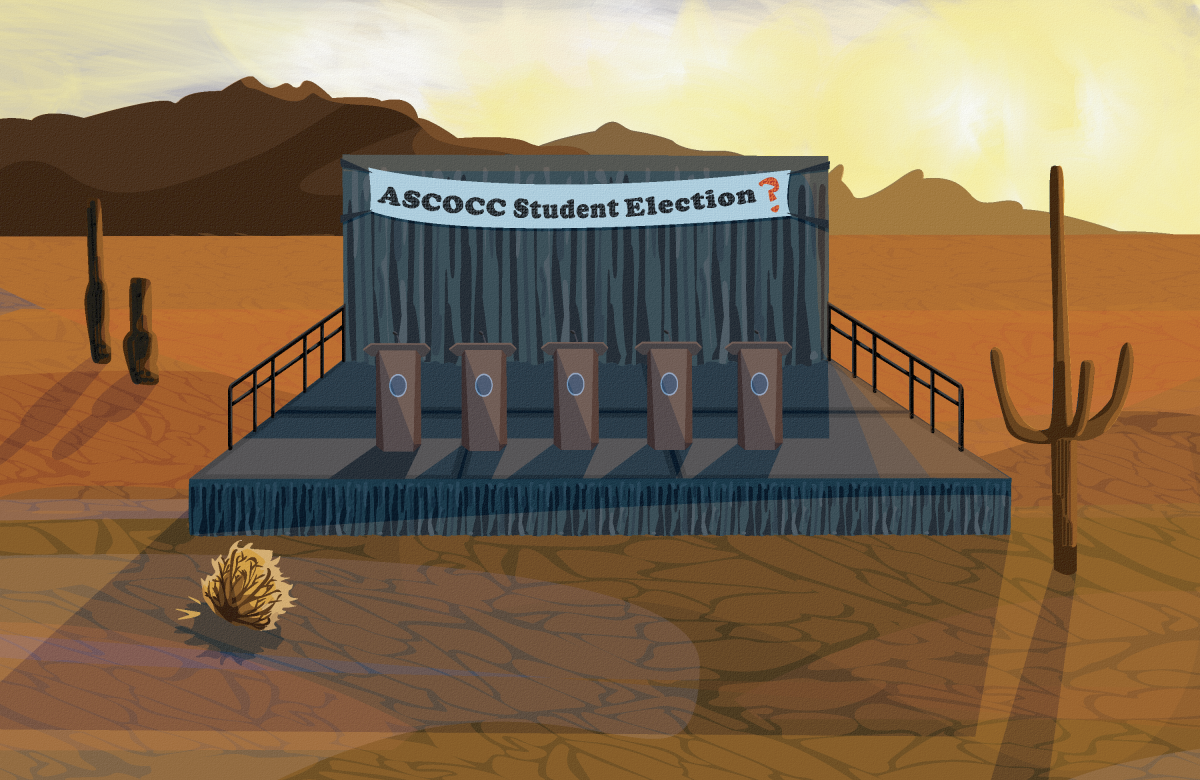 Illustration of a stage located in the barren desert with a ASCOCC Student Election banner, draped across the top. 