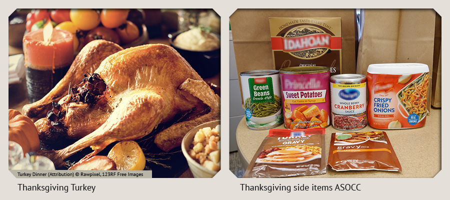 Left: Stock image of a Roasted Turkey, Right: Thanksgiving Side items that were provided by COCC faculty