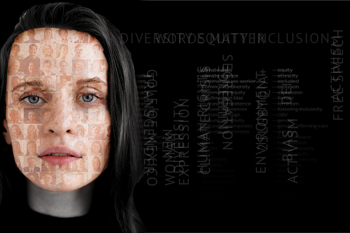A representation of diversity equity and inclusion on a woman's face with "banned words" scattered right next to her.

Stock images: European lady; Crowd Portraits courtesy of shurkin_son; fizkes - Adobe Stock