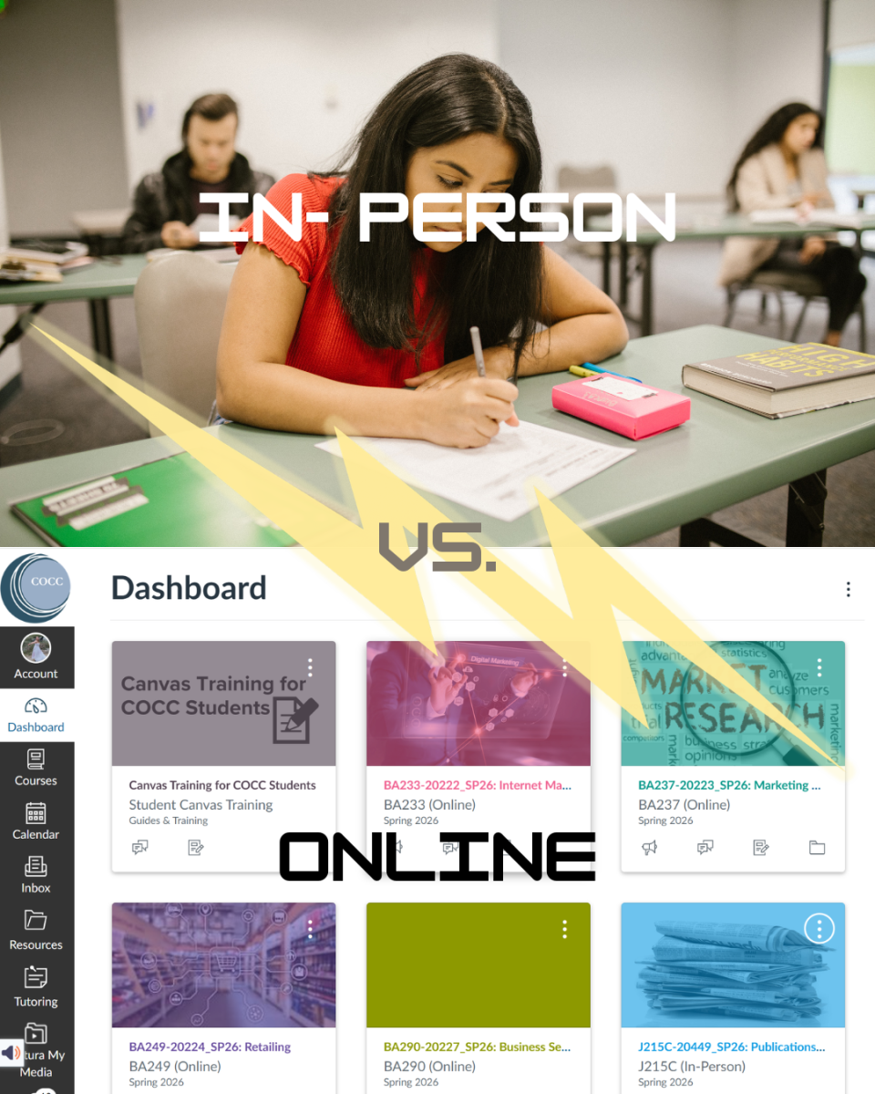 Graphic showcasing an in person class and an online Canvas screen.